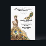 Invitation Peacock plumes boule gobe mariée à être blanc<br><div class="desc">Une belle dame aux cheveux longs qui descend sur l'épaule gauche porte une robe de boule en plumes de paon doré et une tiare en plumes et perles pour se marier. Une seule fausse chaussure à talon haute en or apparaît à côté de l'oreille et ils sont fixés contre un...</div>