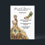 Invitation Peacock plumes boule gobe mariée à être blanc<br><div class="desc">Une belle dame aux cheveux longs qui descend sur l'épaule gauche porte une robe de boule en plumes de paon doré et une tiare en plumes et perles pour se marier. Une seule fausse chaussure à talon haute en or apparaît à côté de l'oreille et ils sont fixés contre un...</div>