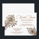 Invitation Peacock plumes henné inspiré de la mariée indienne<br><div class="desc">Deux magnifiques plumes de paon d'or foncé inspirées du henné avec un hinto de bleu autour de leurs plumes dorées foncées apparaissent dans les coins supérieur gauche et inférieur droit. Ils sont placés contre un arrière - plan blanc qui fait éclater les plumes et des modèles personnalisés apparaissent entre eux....</div>