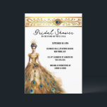 Invitation Peacock plumes mariage robe nuptiale douche<br><div class="desc">Un beau panache en plumes de paon doré repose sur un bandeau blanc bordé d'or et arbore des tourbillons décoratifs fleuris de chaque côté. En dessous du groupe se trouvent des modèles noirs et une belle mariée vêtue d'une robe mariage dorée de style princesse faite de soie fine et plumes...</div>