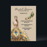 Invitation Peacock plumes robe mariée mariée pour être nuptia<br><div class="desc">Une belle dame aux cheveux longs qui descend sur l'épaule gauche porte une robe de boule en plumes de paon doré et une tiare en plumes et perles pour se marier. Une seule fausse chaussure à talon haute en or apparaît à côté de l'oreille et ils sont mis contre un...</div>