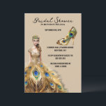 Invitation Peacock plumes robe mariée mariée pour être nuptia<br><div class="desc">Une belle dame aux cheveux longs qui descend sur l'épaule gauche porte une robe de boule en plumes de paon doré et une tiare en plumes et perles pour se marier. Une seule fausse chaussure à talon haute en or apparaît à côté de l'oreille et ils sont mis contre un...</div>