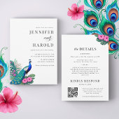 Invitation Peacock Tropical Floral QR Code tout en un Mariage