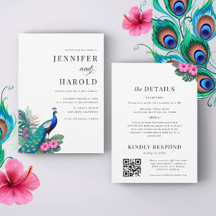 Invitation Peacock Tropical Floral QR Code tout en un Mariage