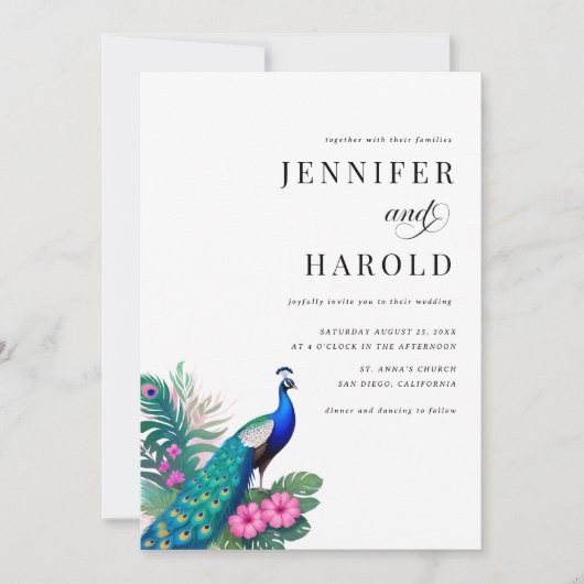 Invitation Peacock Tropical Floral QR Code tout en un Mariage (Devant)