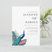 Invitation Peacock Tropical Floral QR Code tout en un Mariage (Debout devant)
