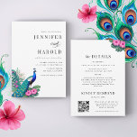 Invitation Peacock & Tropical Rose Floral tout en un Mariage<br><div class="desc">Faites une déclaration audacieuse avec ce Peacock & Tropical Pink Floral All in One Faire-part de mariage. Dotée d'illustrations de paons vibrantes et de fleurs tropicales roses luxuriantes, cette invitation mêle beauté exotique et élégance et touche tropicale. Idéal pour les couples à la recherche d'une invitation de mariage unique et...</div>