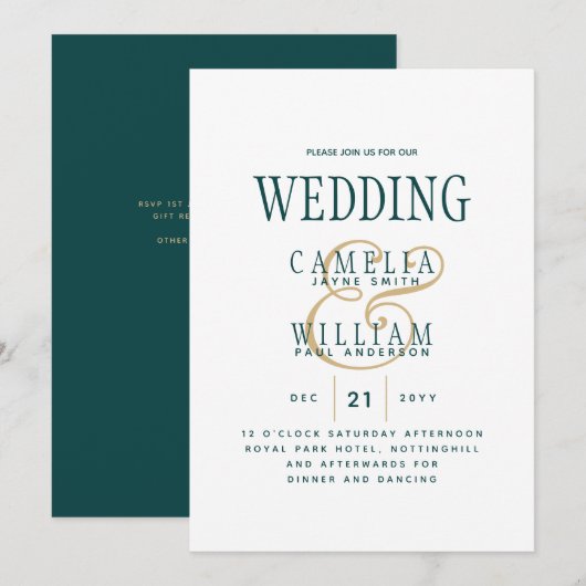 Invitation Peacock TURQUOISE Vert or Mariage monochrome (Devant / Derrière)
