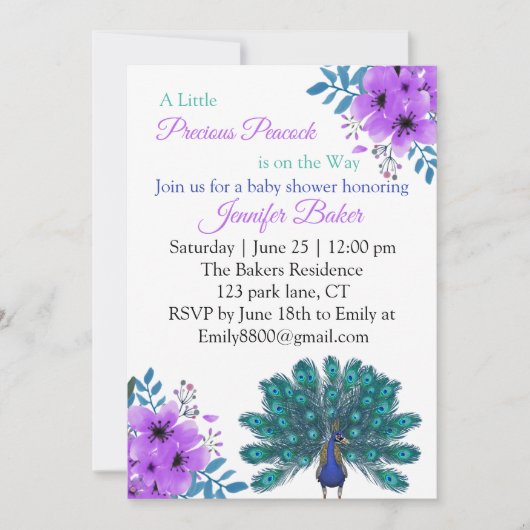 Invitation Peacock vert et bleu | Fleurs d'aquarelle violette (Devant)