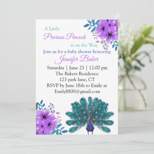 Invitation Peacock vert et bleu | Fleurs d'aquarelle violette (Debout devant)