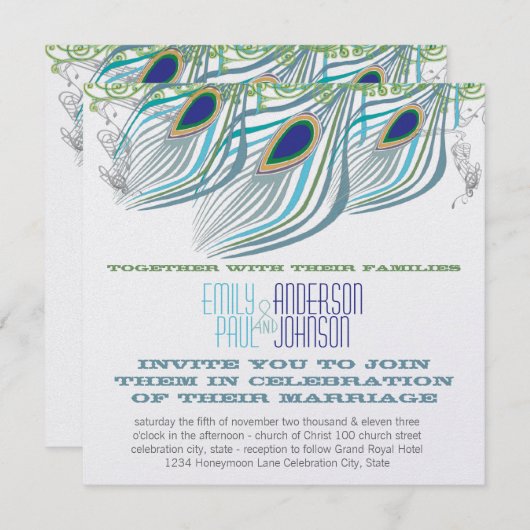 Invitation Peacock Vintage 3 plumes (Devant / Derrière)