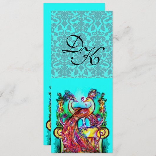 INVITATION PEACOCKS EN AMOUR AQUA BLEU TURQUOISE DAMASK MONOG (Devant / Derrière)