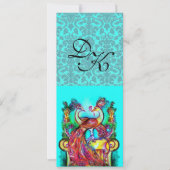 INVITATION PEACOCKS EN AMOUR AQUA BLEU TURQUOISE DAMASK MONOG (Devant)