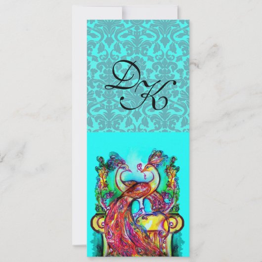 INVITATION PEACOCKS EN AMOUR AQUA BLEU TURQUOISE DAMASK MONOG (Devant)