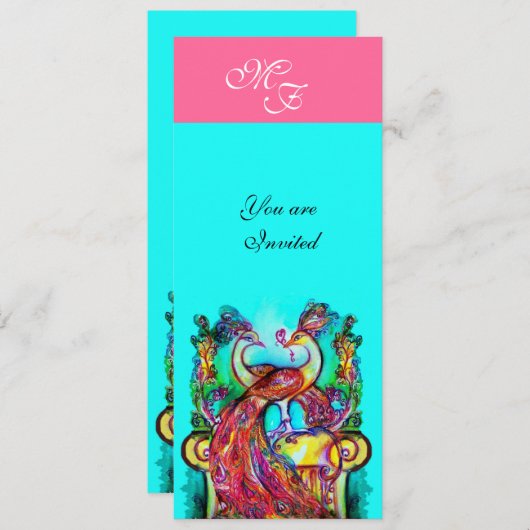 Invitation PEACOCKS EN AMOUR MONOGRAM rose turquoise bleu ver (Devant / Derrière)