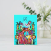 Invitation PEACOCKS EN AMOUR MONOGRAM Rouge Turquoise Bleu Ve (Debout devant)