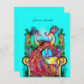 Invitation PEACOCKS EN AMOUREUX rouge bleu turquoise vert (Devant / Derrière)