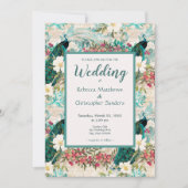 Invitation Peacocks et Fleurs Turquoise, ivoire et Mariage d' (Devant)