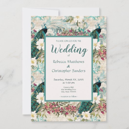Invitation Peacocks et Fleurs Turquoise, ivoire et Mariage d' (Devant)