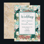 Invitation Peacocks et Fleurs Turquoise, ivoire et Mariage d'<br><div class="desc">L'avant de ce design unique et élégant présente 4 beaux paons entourés de fleurs roses et blanches. Derrière les paons se trouvent de multiples éléments de décoration turquoises, dorés et ivoire. Le texte est dans les tons turquoises et peut être personnalisé pour vos détails. Vous pouvez même customiser plus loin...</div>