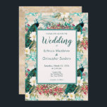 Invitation Peacocks et Fleurs Turquoise, ivoire et Mariage d'<br><div class="desc">L'avant de ce design unique et élégant présente 4 beaux paons entourés de fleurs roses et blanches. Derrière les paons se trouvent de multiples éléments de décoration turquoises, dorés et ivoire. Le texte est dans les tons turquoises et peut être personnalisé pour vos détails. Vous pouvez même customiser plus loin...</div>