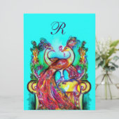 Invitation PEACOCKS IN LOVE MONOGRAM rouge bleu turquase vert (Debout devant)