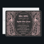 Invitation Peacocks rose Gold Art Déco Fête des mariées noire<br><div class="desc">Design unique avec un mélange de paons d'art déco d'or imitation rose de style ancien et une approche graphique audacieuse et moderne, sur un arrière - plan texturé noir. Utilisez l'outil Personnaliser pour ajouter vos informations. Pour les articles correspondants, visitez, s'il vous plaît, ma collection Rose Gold Art Déco Peacocks....</div>
