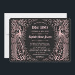 Invitation Peacocks rose Gold Art Déco Fête des mariées noire<br><div class="desc">Design unique avec un mélange de paons d'art déco d'or imitation rose de style ancien et une approche graphique audacieuse et moderne, sur un arrière - plan texturé noir. Utilisez l'outil Personnaliser pour ajouter vos informations. Pour les articles correspondants, visitez, s'il vous plaît, ma collection Rose Gold Art Déco Peacocks....</div>