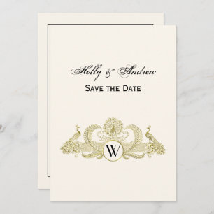 Invitation Peacocks vintages Monogram Faux Gold Ivory BG