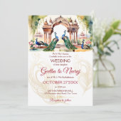 Invitation Peacocs lotus jardin Indien mariage modèle (Debout devant)
