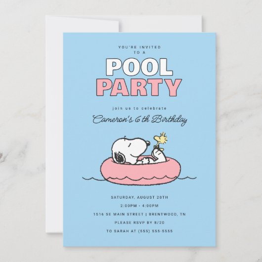 Invitation Peanuts - Snoopy - Piscine fêté Anniversaire d'été (Devant)