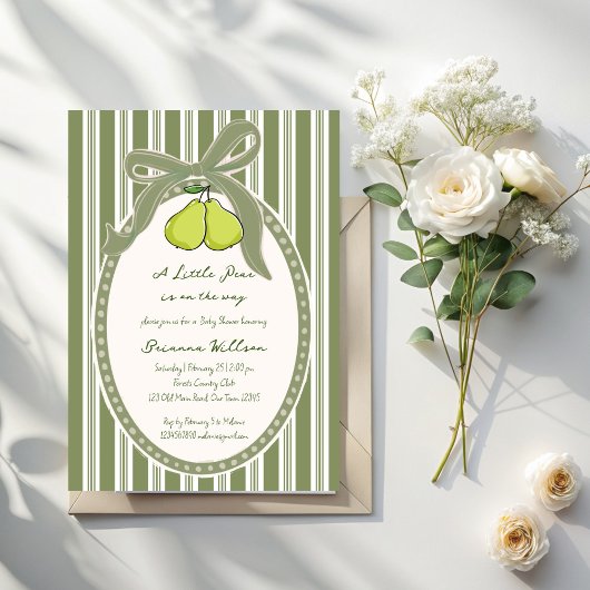 Invitation Pear sage green retro stripes baby shower