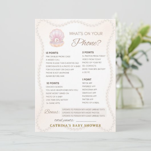Invitation Pearl Baby Shower Game - Editable Name, 5x7 (Debout devant)