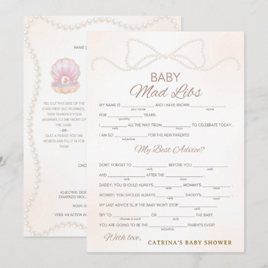 Invitation Pearl Baby Shower Game - Editable Name, 5x7 (Devant / Derrière)