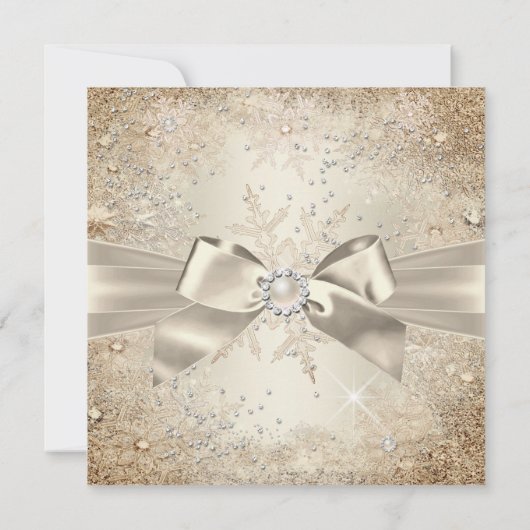 Invitation Pearl Bow Beige Cream Gold Snowflake Party (Dos)