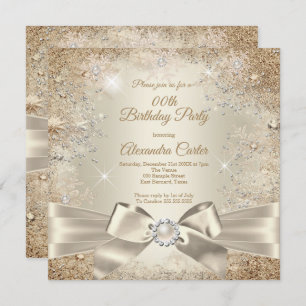 Invitation Pearl Bow Beige Cream Gold Snowflake Party