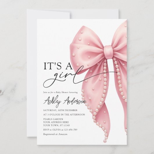 Invitation Pearl Bow c'est une fille Baby shower rose (Devant)
