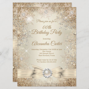 Invitation Pearl Bow Crème Beige Or Flocon de neige Anniversa