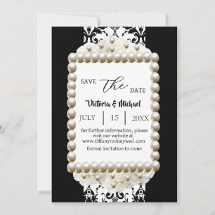 Invitation Pearl Chic noir & blanc Damask Économisez-La-Date