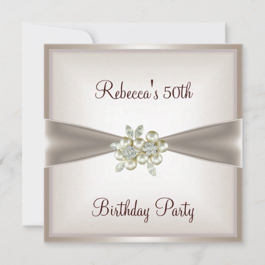 Invitation Pearl Cream Floral 50th Birthday Party (Devant)