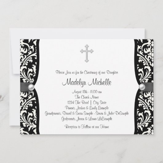 Invitation Pearl Cross blanc et noir Damask Christening (Devant)