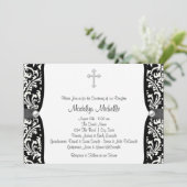 Invitation Pearl Cross blanc et noir Damask Christening (Debout devant)