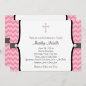 Invitation Pearl Cross rose Chevron Christening (Devant / Derrière)