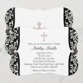 Invitation Pearl Cross rose noir Damask Christening (Devant / Derrière)