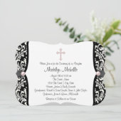 Invitation Pearl Cross rose noir Damask Christening (Debout devant)