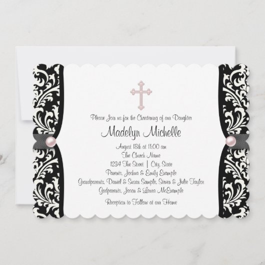Invitation Pearl Cross rose noir Damask Christening (Devant)
