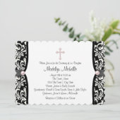 Invitation Pearl Cross rose noir Damask Christening (Debout devant)