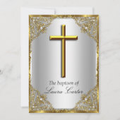 Invitation Pearl Damask Cross Baptism Argent Or (Devant)