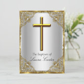 Invitation Pearl Damask Cross Baptism Argent Or (Debout devant)