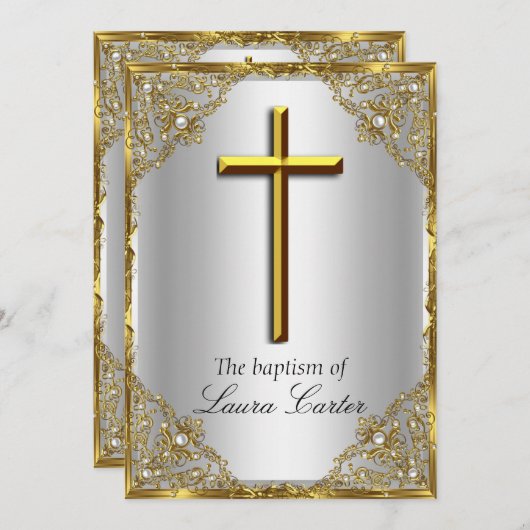 Invitation Pearl Damask Cross Baptism Argent Or (Devant / Derrière)